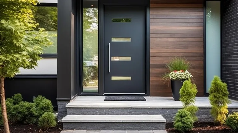 Modern front entrance with dark aluminum capping on posts and door frame