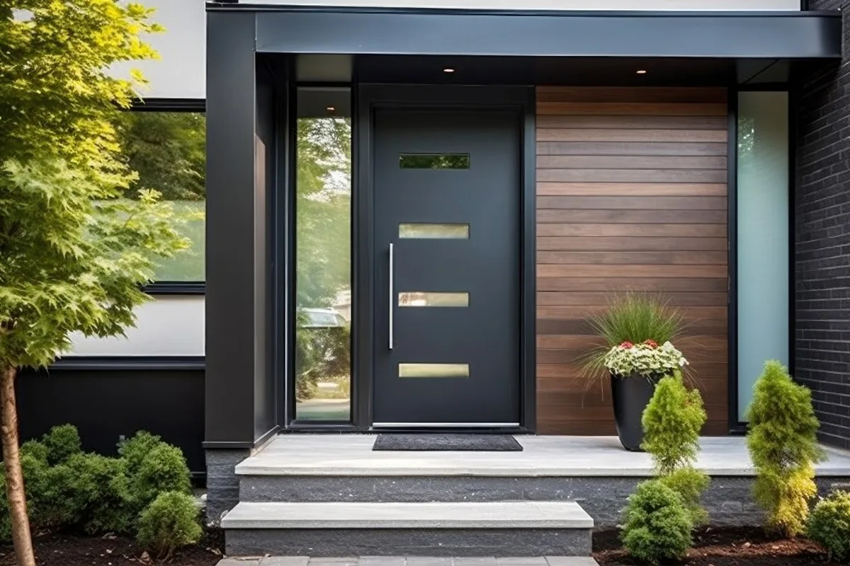 Modern entrance with aluminum-capped posts and door surround