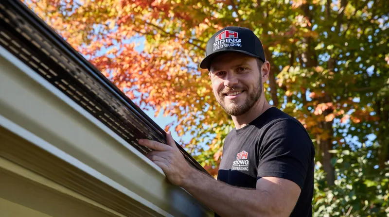 Close-up of an Alu-Rex perforated gutter guard being installed
