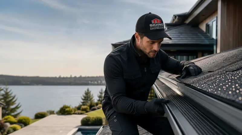 Installer placing a new seamless eavestrough at the roof edge